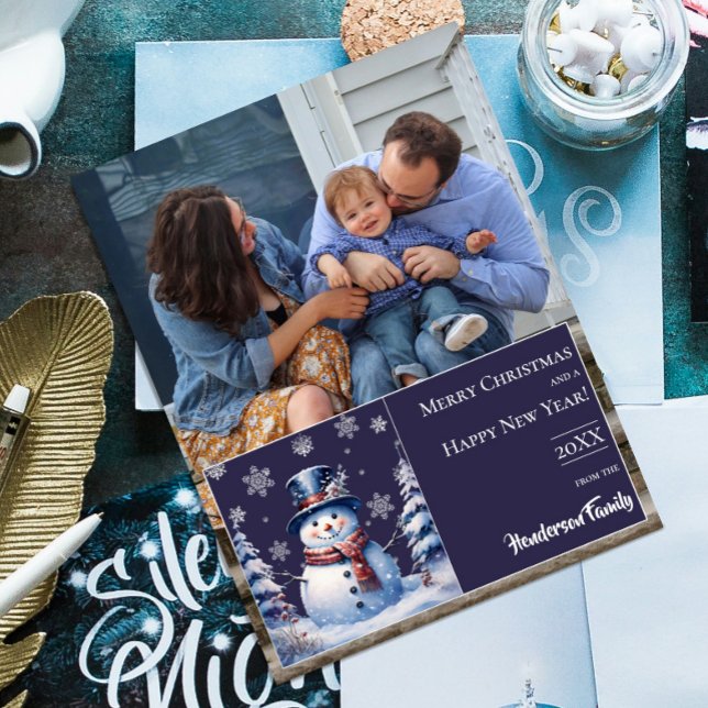 Winter Forest Snowman Christmas Photo | Purple Holiday Card (Purple Winter Forest Snowman Christmas Photo Holiday Card)