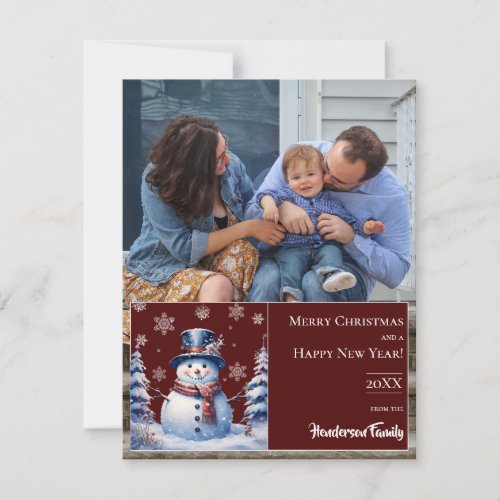 Winter Forest Snowman Christmas Photo  Red Holiday Card