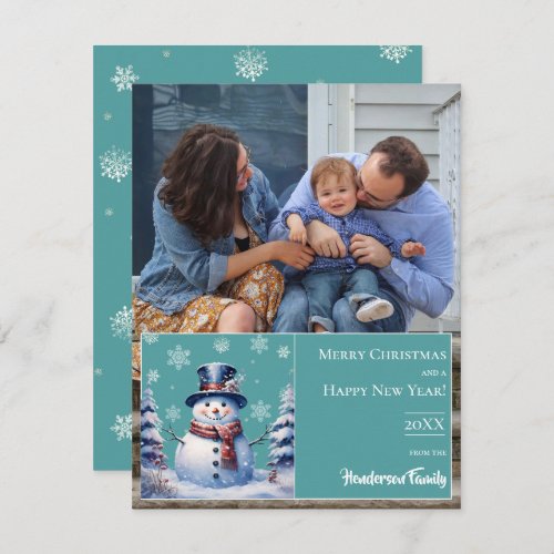 Winter Forest Snowman Christmas Photo  Teal Holiday Card