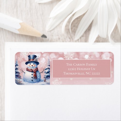 Winter Forest Snowman Christmas  Pink Address Label