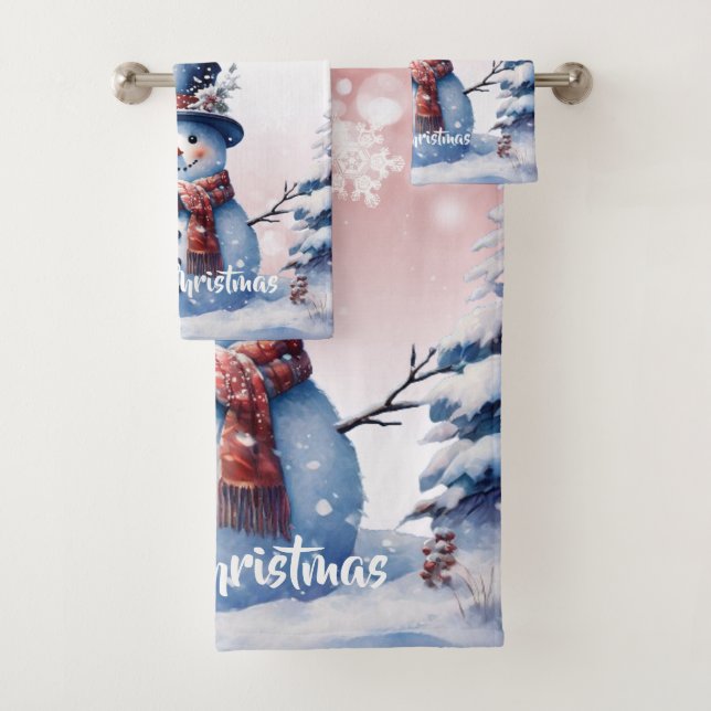 Winter Forest Snowman Christmas | Pink Bath Towel Set (Insitu)