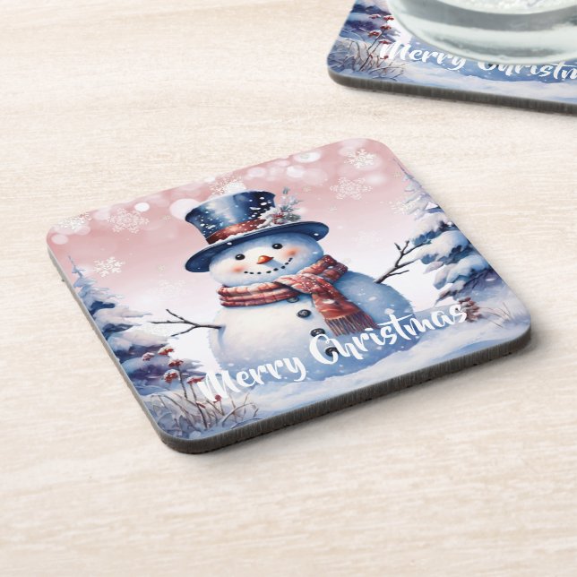 Winter Forest Snowman Christmas | Pink Beverage Coaster (Left Side)