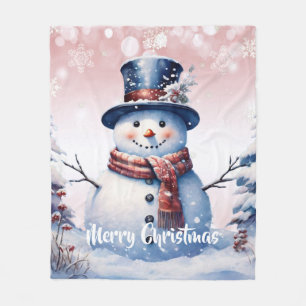Winter Forest Snowman Christmas Pink Fleece Blanket