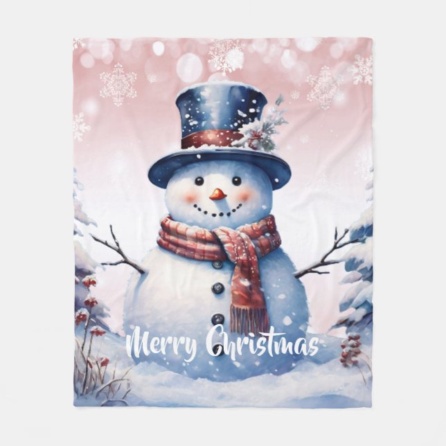 Winter Forest Snowman Christmas | Pink Fleece Blanket (Front)
