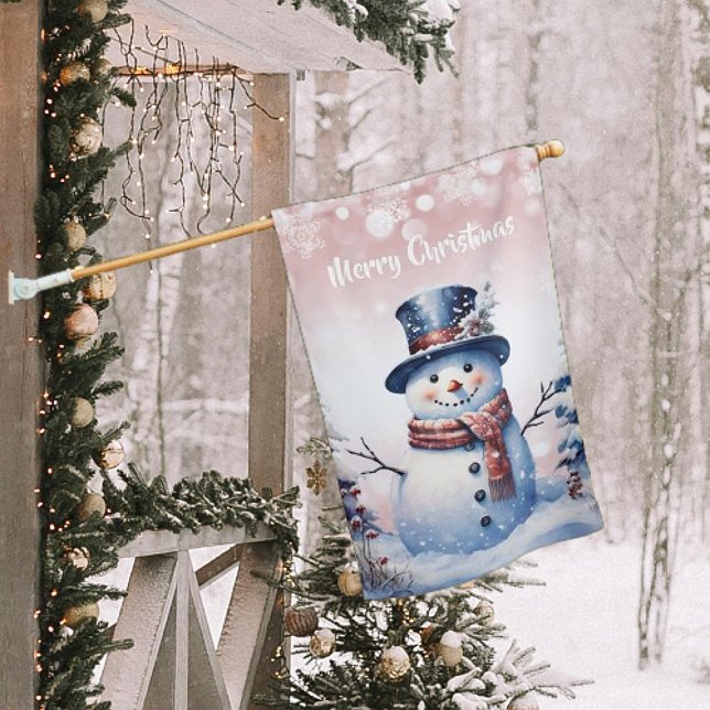 Winter Forest Snowman Christmas | Pink House Flag (Pink Winter Forest Snowman Christmas House Flag)
