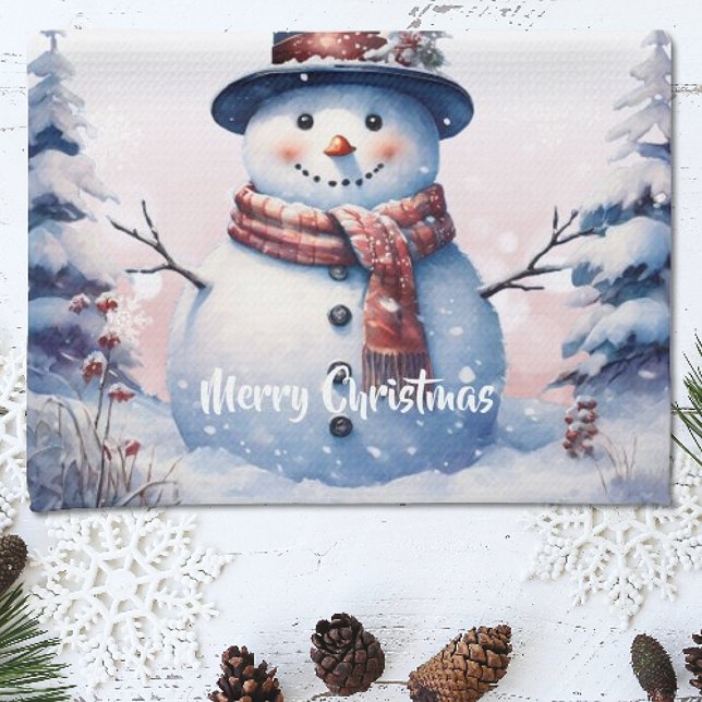 Winter Forest  Snowman Christmas | Pink Kitchen Towel (Pink Winter Forest Snowman Christmas Kitchen Towel)