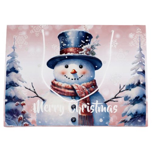 Winter Forest Snowman Christmas  Pink Large Gift Bag