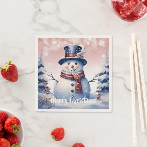 Winter Forest Snowman Christmas  Pink Napkins