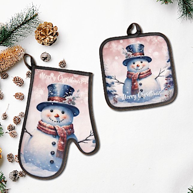 Winter Forest Snowman Christmas | Pink Oven Mitt & Pot Holder Set (Pink Winter Forest Snowman Christmas Oven Mitt and Pot Holder Set)