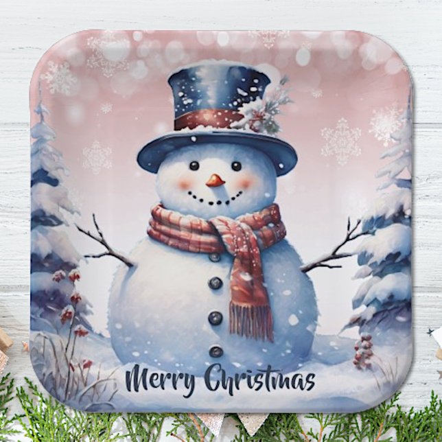 Winter Forest Snowman Christmas | Pink Paper Plates (Pink Winter Forest Snowman Christmas Paper Plates)