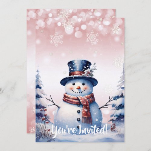 Winter Forest Snowman Christmas   Pink Party Invitation