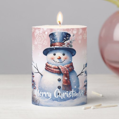 Winter Forest Snowman Christmas  Pink Pillar Candle