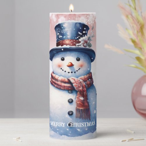 Winter Forest Snowman Christmas  Pink Pillar Candle