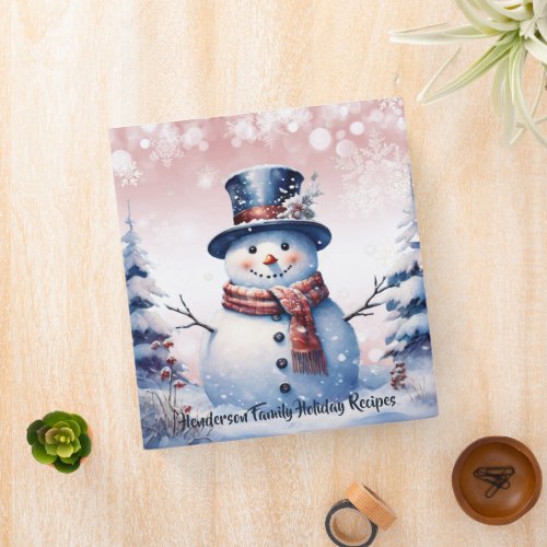 Winter Forest Snowman Christmas  Pink Recipe 3 Ring Binder