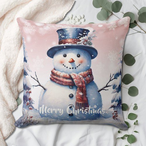 Winter Forest Snowman Christmas  Pink Throw Pillow