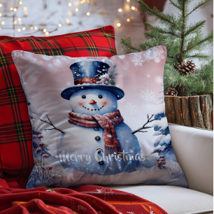 Winter Forest Snowman Christmas   Pink Throw Pillow
