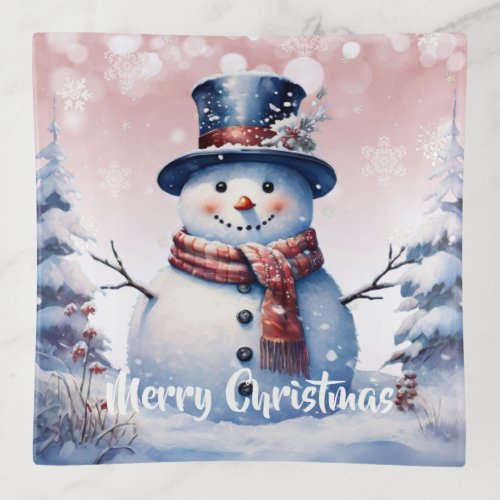 Winter Forest Snowman Christmas  Pink Trinket Tray