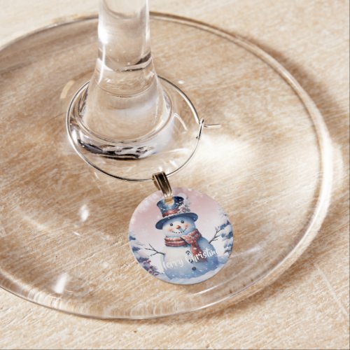 Winter Forest Snowman Christmas  Pink Wine Charm