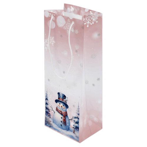 Winter Forest Snowman Christmas  Pink Wine Gift Bag