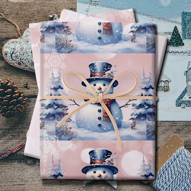 Winter Forest Snowman Christmas | Pink Wrapping Paper Sheets (Pink Winter Forest Snowman Christmas Wrapping Paper Sheets)
