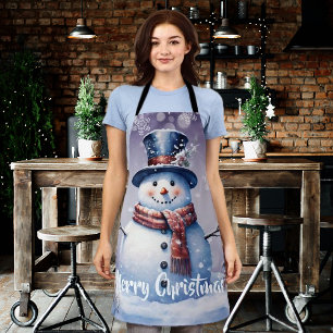 Winter Forest Snowman Christmas Purple Apron