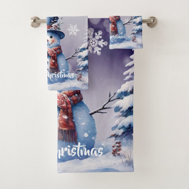 Winter Forest Snowman Christmas | Purple Bath Towel Set (Insitu)