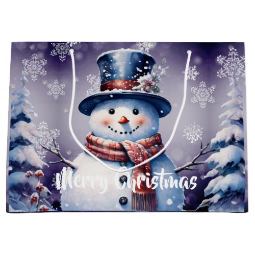 Winter Forest Snowman Christmas  Purple Large Gift Bag