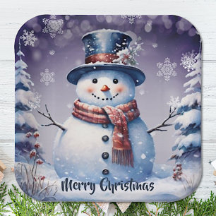 Winter Forest Snowman Christmas Purple Paper Plates