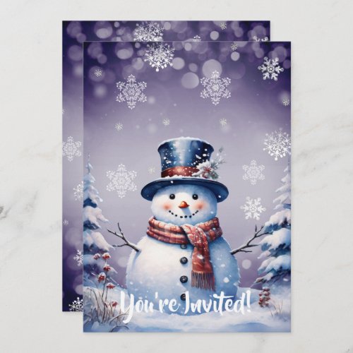 Winter Forest Snowman Christmas   Purple Party Invitation