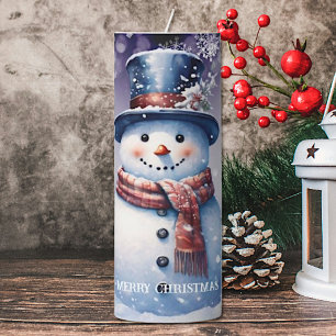 Winter Forest Snowman Christmas Purple Pillar Candle