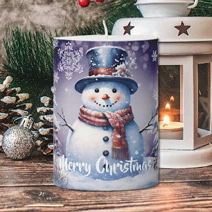 Winter Forest Snowman Christmas Purple Pillar Candle