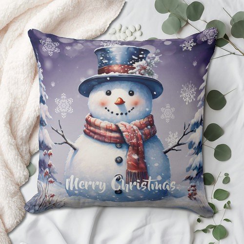 Winter Forest Snowman Christmas  Purple Throw Pillow