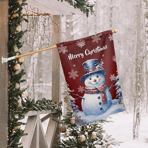 Winter Forest Snowman Christmas  Red House Flag