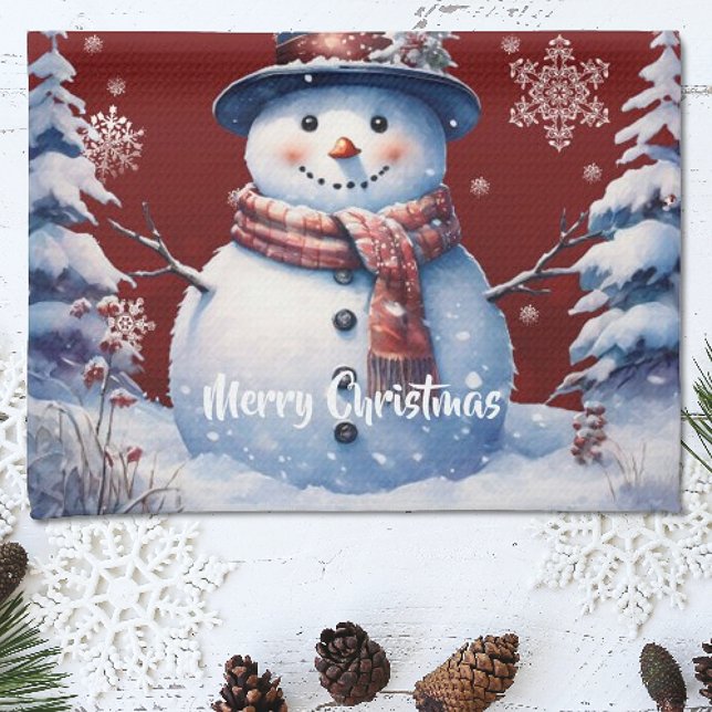 Winter Forest  Snowman Christmas | Red Kitchen Towel (Red Winter Forest Snowman Christmas Kitchen Towel)