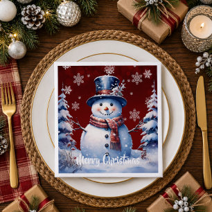 Winter Forest Snowman Christmas Red Napkins