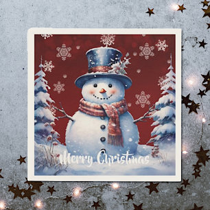 Winter Forest Snowman Christmas Red Napkins