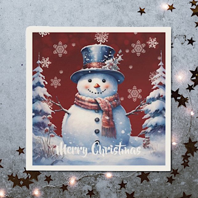 Winter Forest Snowman Christmas | Red Napkins (Red Winter Forest Snowman Christmas Napkins)