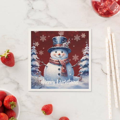 Winter Forest Snowman Christmas  Red Napkins