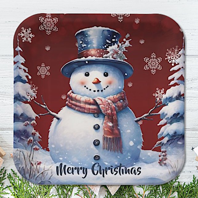 Winter Forest Snowman Christmas | Red Paper Plates (Red Winter Forest Snowman Christmas Paper Plates)