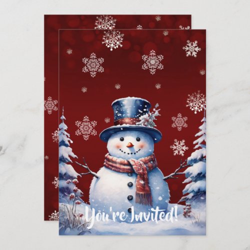 Winter Forest Snowman Christmas   Red Party Invitation