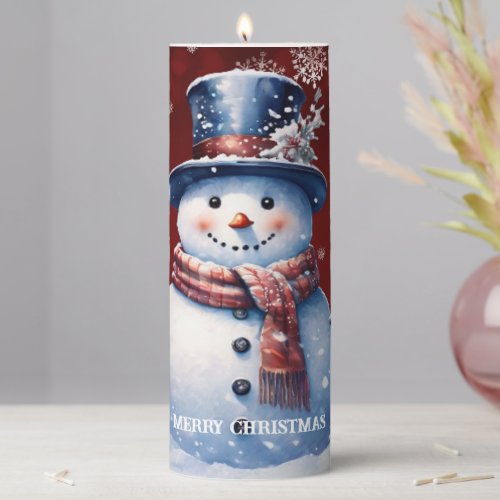 Winter Forest Snowman Christmas  Red Pillar Candle