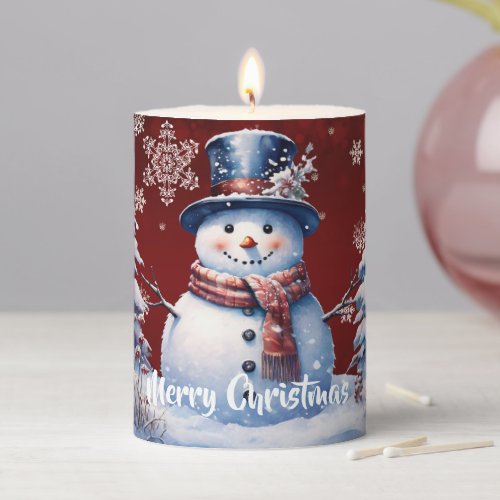 Winter Forest Snowman Christmas  Red Pillar Candle