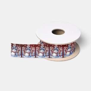 Winter Forest Snowman Christmas Red Satin Ribbon