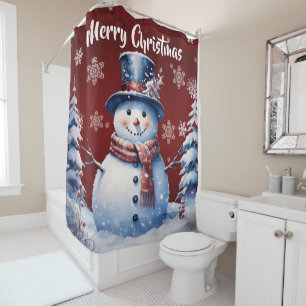Winter Forest Snowman Christmas   Red Shower Curtain