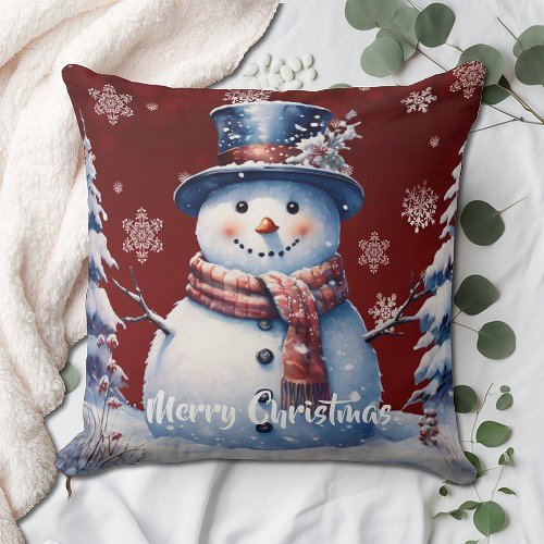 Winter Forest Snowman Christmas  Red Throw Pillow