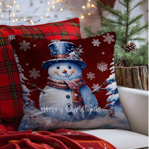 Winter Forest Snowman Christmas   Red Throw Pillow