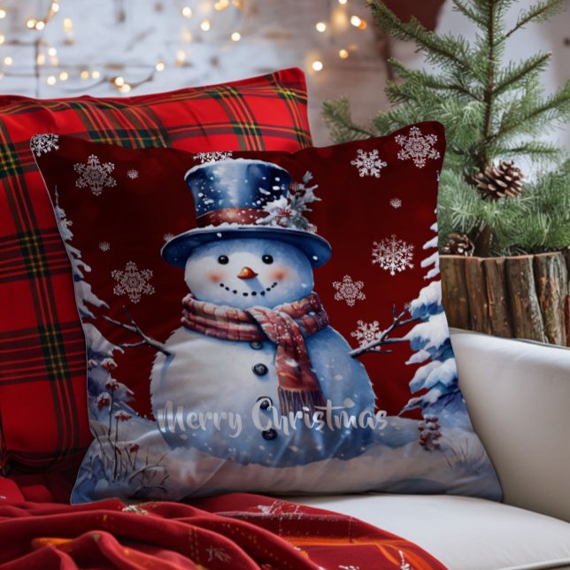 Winter Forest Snowman Christmas | Red Throw Pillow (Red Winter Forest Snowman Christmas Throw Pillow)