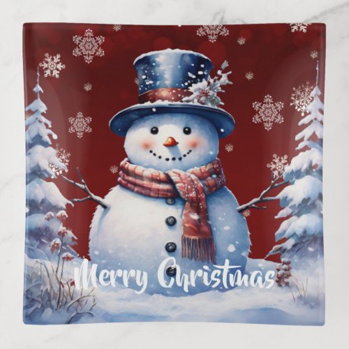 Winter Forest Snowman Christmas  Red Trinket Tray