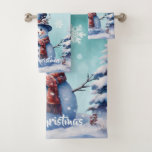 Winter Forest Snowman Christmas | Teal Bath Towel Set<br><div class="desc">Add a festive touch to your bathroom decor this holiday season with a Teal Winter Forest Snowman Christmas Holiday Towel Set. Towel design features a cute snowman in a charming top hat and scarf standing in a winter forest scene with falling snow. Additional gift and holiday items available with this...</div>