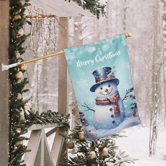 Winter Forest Snowman Christmas | Teal House Flag (Teal Winter Forest Snowman Christmas House Flag)